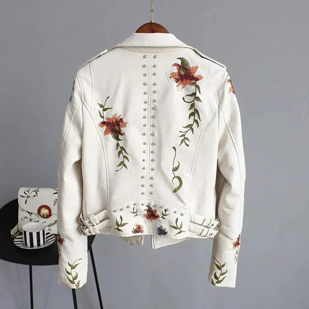 Women's Leather Bomber Jacket White Floral Embroidered - Fashinoza