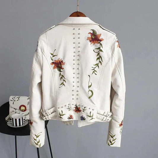 Women's Leather Bomber Jacket White Floral Embroidered - Fashinoza