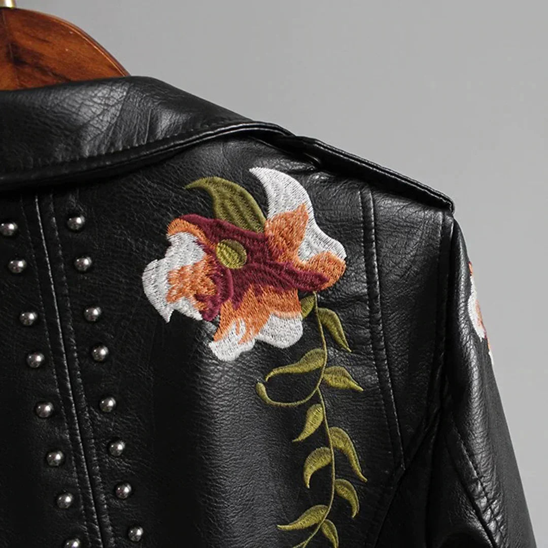 Women's Leather Bomber Jacket White Floral Embroidered