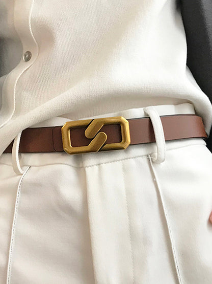 Women's Leather Belt Geometric Buckle Modern Black - 
Fashinoza