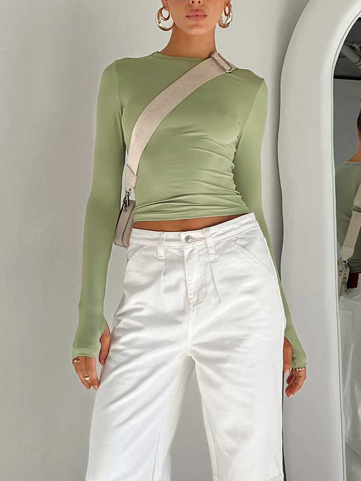 Women's Long Sleeve Crop Round Neck Cotton