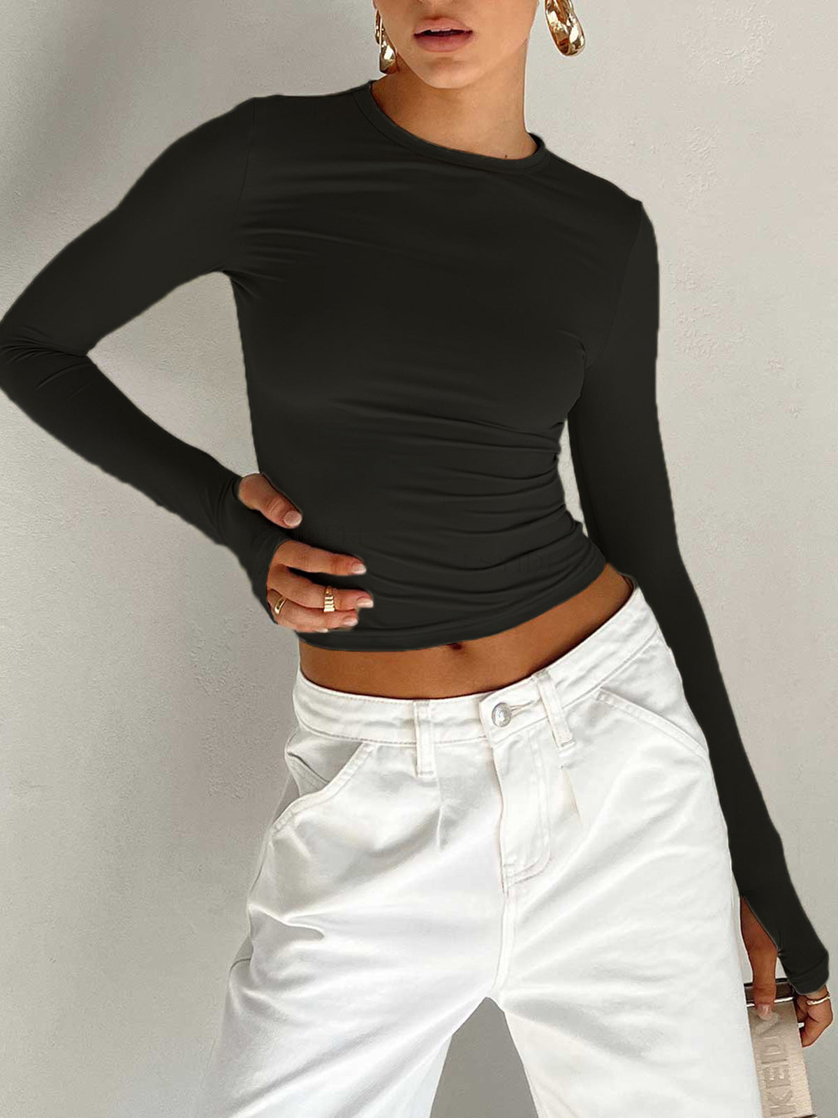 Women's Long Sleeve Crop Round Neck Cotton