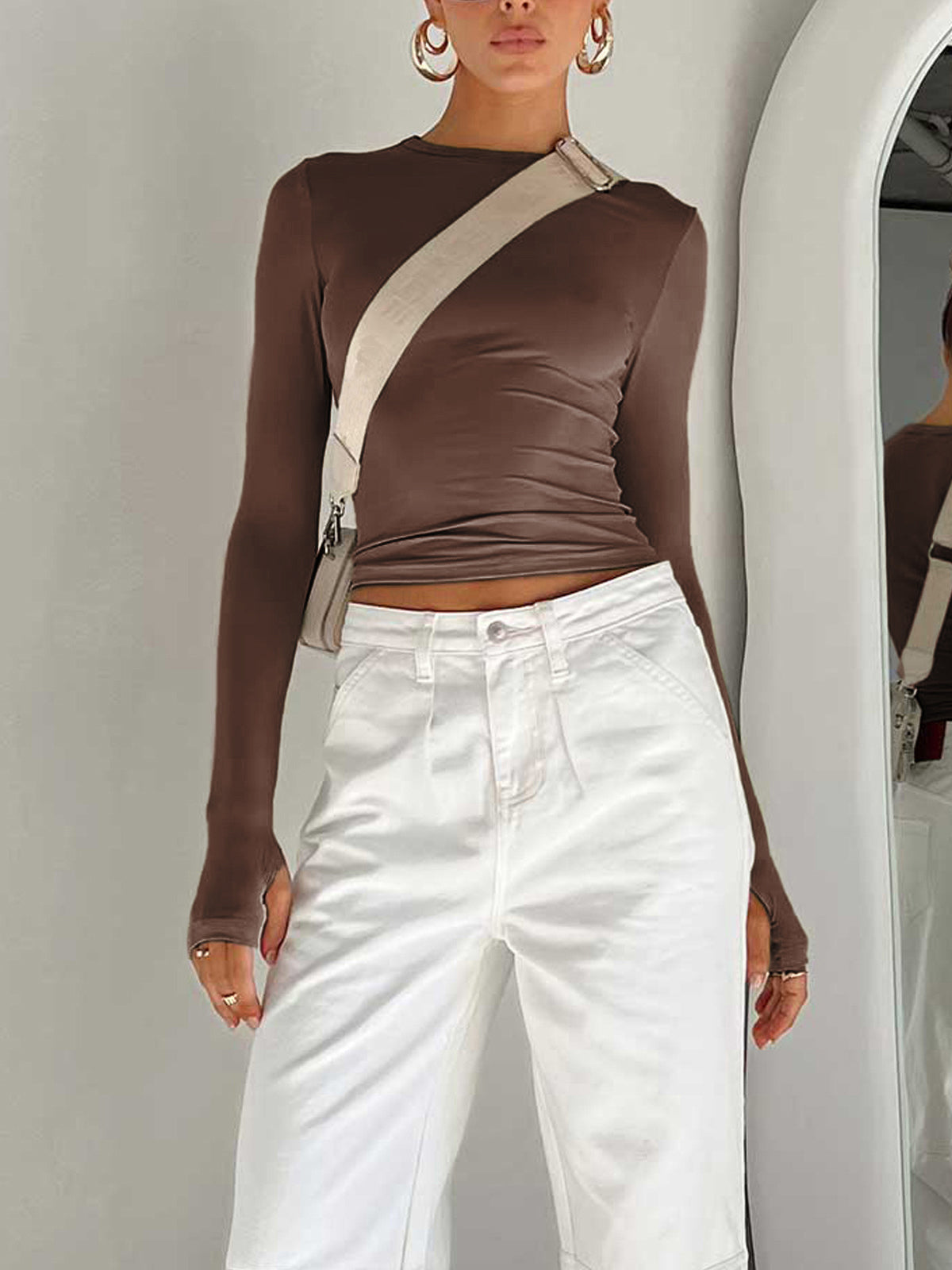 Women's Long Sleeve Crop Round Neck Cotton
