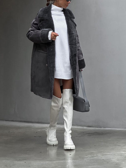Women's Plus Size Winter Coat Fur Lapel Collar Snap Front Black
