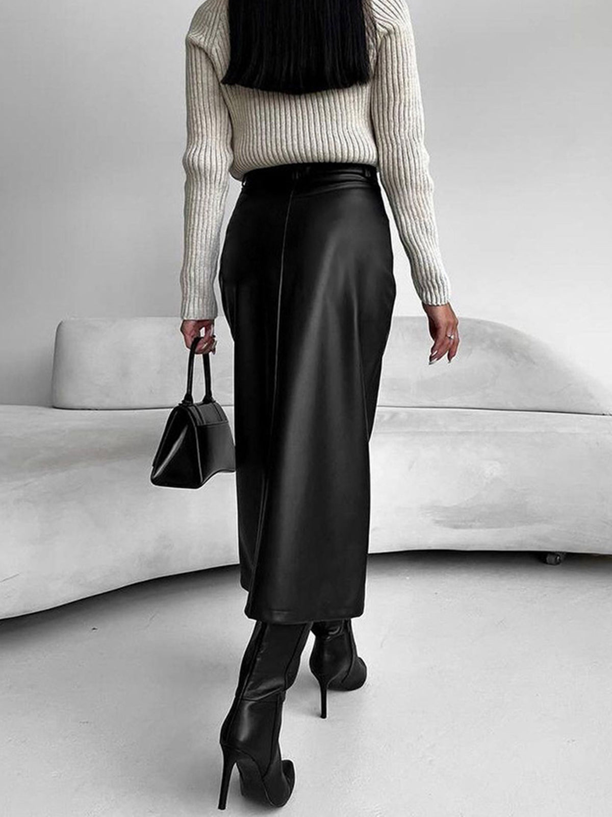 Women's High Waist Midi Skirt Front Slit Belt Loops