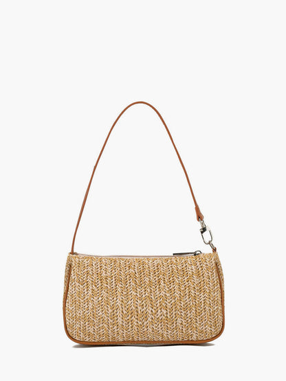 Women's Woven Straw Baguette Bag Zipper Closure Detachable Strap - 
Fashinoza