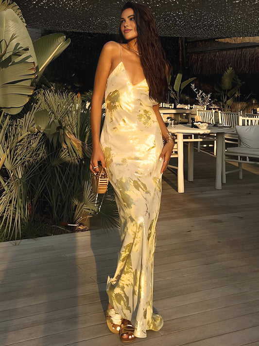 Women's V-Neck Halter Maxi Dress Metallic Print - 
Fashinoza
