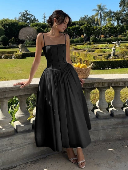 Women's Midi Dress Spaghetti Strap Corset Square Neck Full Skirt
