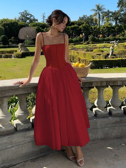 Women's Midi Dress Spaghetti Strap Corset Square Neck Full Skirt
