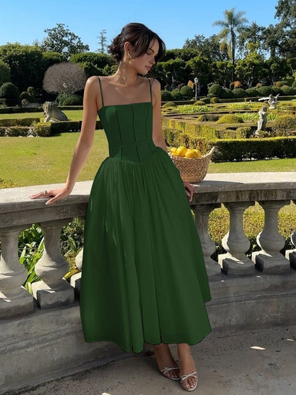 Women's Midi Dress Spaghetti Strap Corset Square Neck Full Skirt