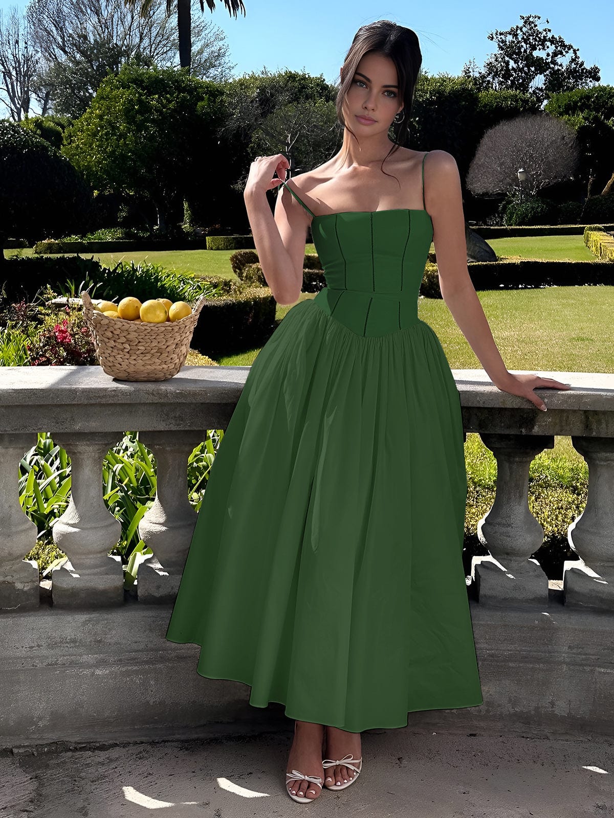 Women's Midi Dress Spaghetti Strap Corset Square Neck Full Skirt