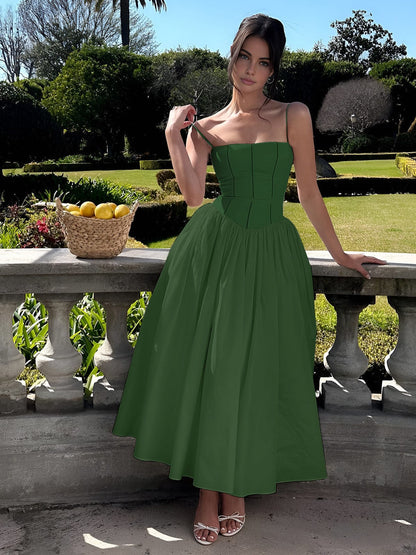 Women's Midi Dress Spaghetti Strap Corset Square Neck Full Skirt