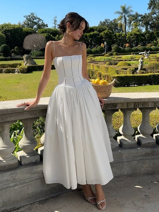 Women's Midi Dress Spaghetti Strap Corset Square Neck Full Skirt - 
Fashinoza