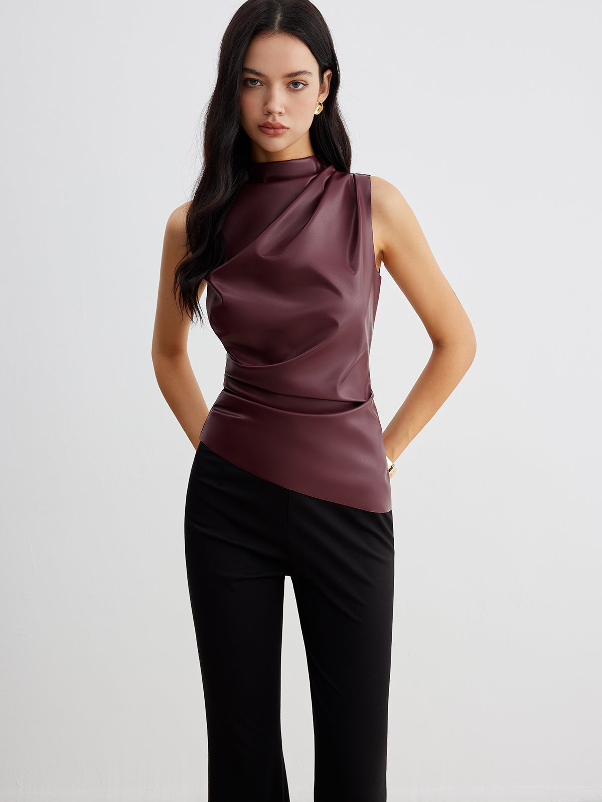 Women's Sleeveless High Neck Gathered Waist