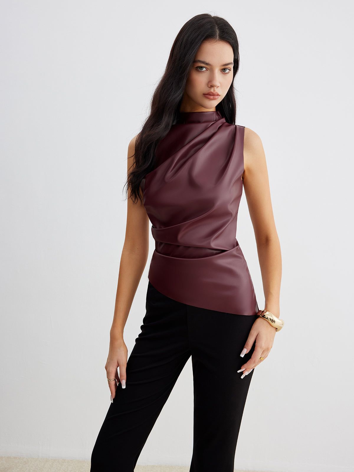 Women's Sleeveless High Neck Gathered Waist