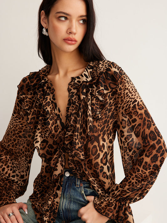 Women's Leopard Blouse Long Sleeve V-Neck Ruffle Trim - 
Fashinoza