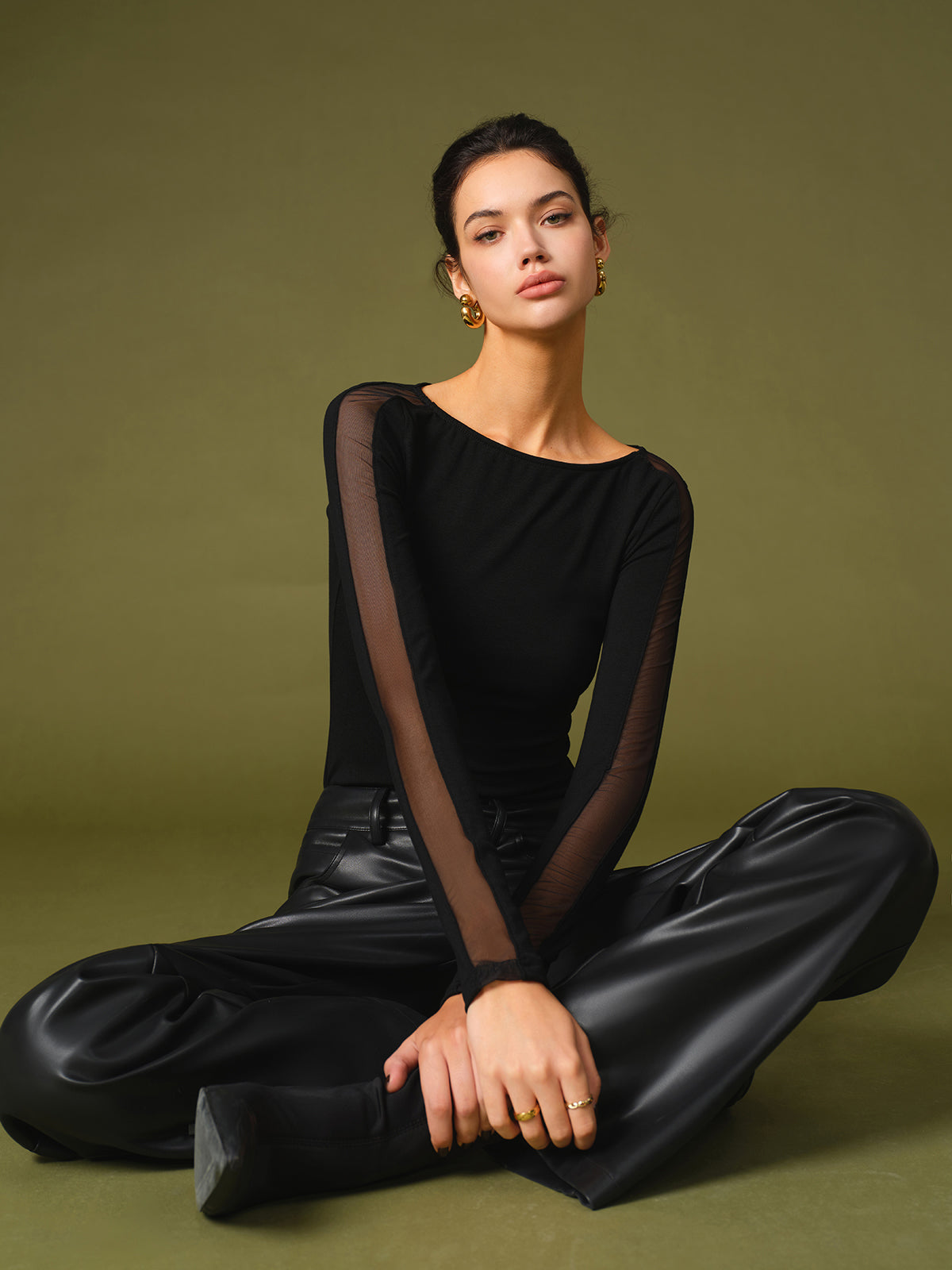 Women's Long Sleeve Sheer Mesh Panels