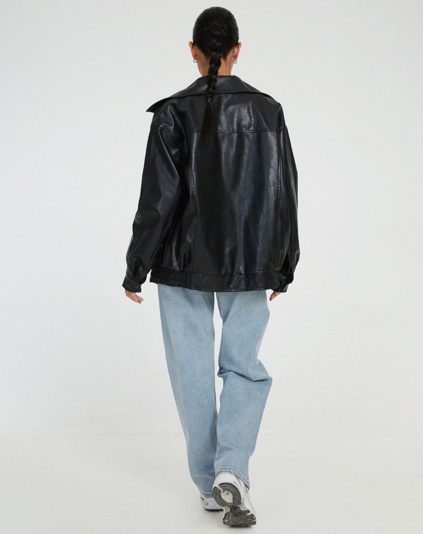 Women's Leather Zip Up Jacket High Collar Relaxed Fit Black
