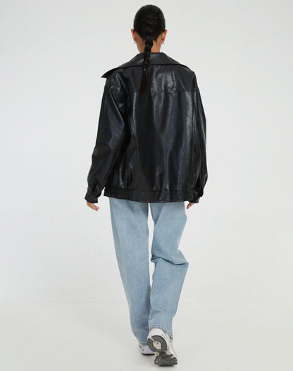 Women's Leather Zip Up Jacket High Collar Relaxed Fit Black