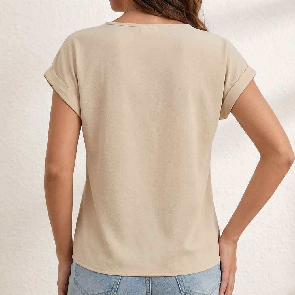 Women's Relaxed Fit V-Neck Twist Front Cuffed Sleeves
