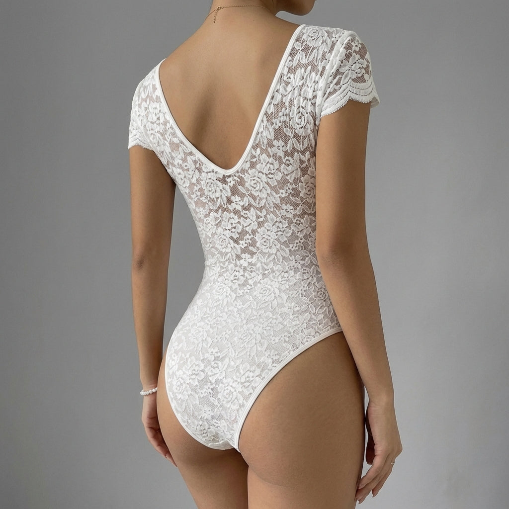 Women's Lace Bodysuit V-Neck Scalloped Trim