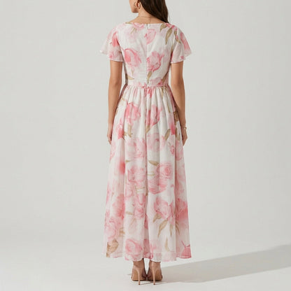 Women's V-Neck Gown Flutter Sleeves