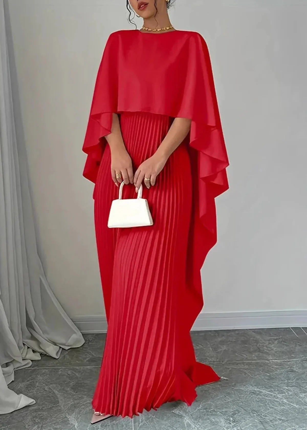 Women’s Pleated Cape Overlay Maxi Dress