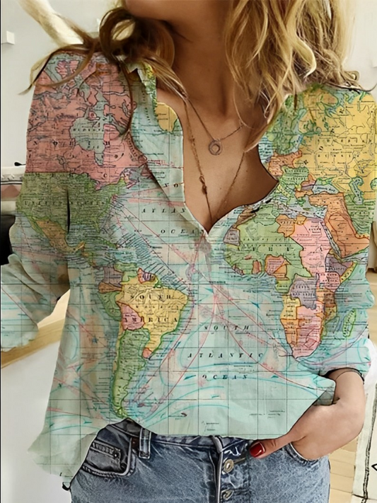 Women's World Map Printed Shirt - 
Fashinoza
