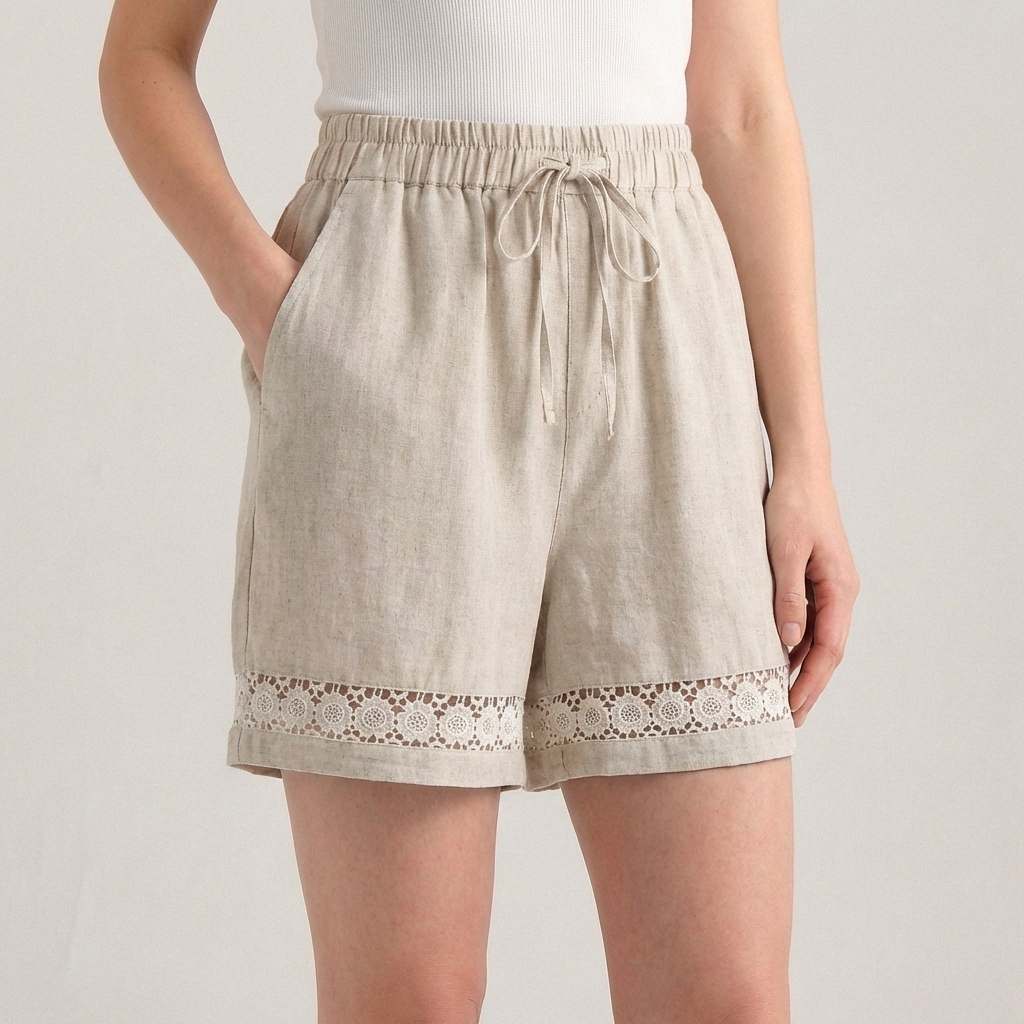 Women's Wide Leg Mini Shorts Lace Trim Drawstring Waist