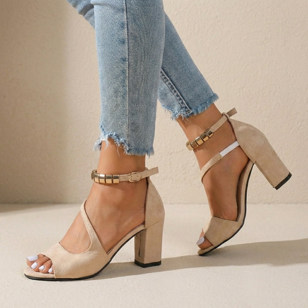 Women's Suede Block Heel Sandals Embellished Straps - 
Fashinoza