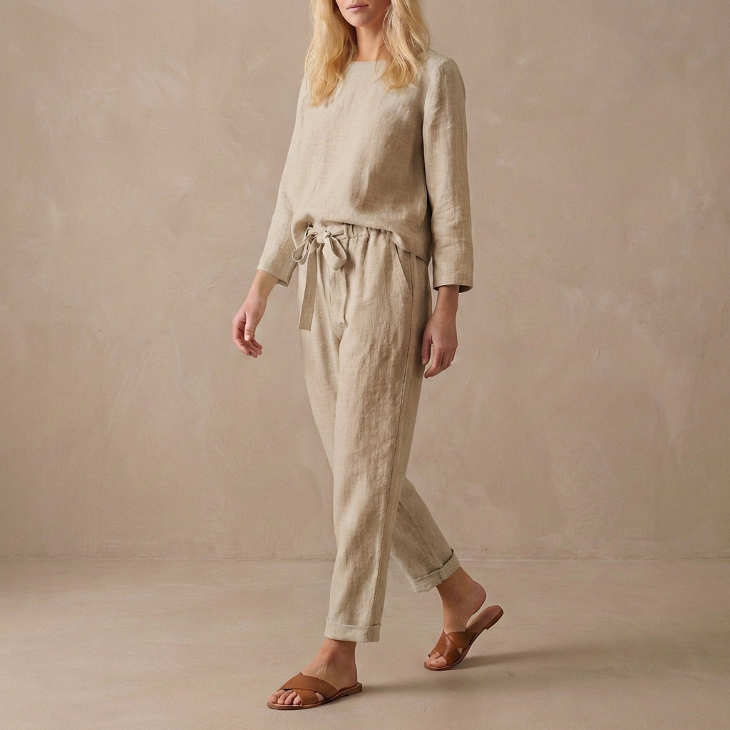 Women's Linen Two Piece Set Boat Neck Blouse Drawstring Pants - 
Fashinoza