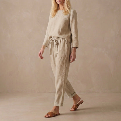 Women's Linen Two Piece Set Boat Neck Blouse Drawstring Pants - 
Fashinoza