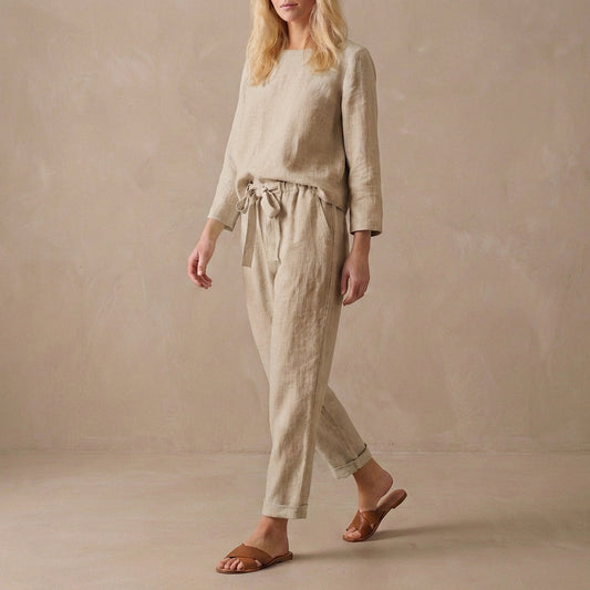 Women's Linen Two Piece Set Boat Neck Blouse Drawstring Pants - 
Fashinoza