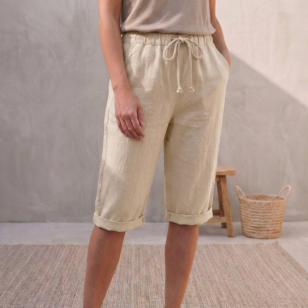 Linen Capri Pants Relaxed Fit Drawstring Waist Cuffed Hem