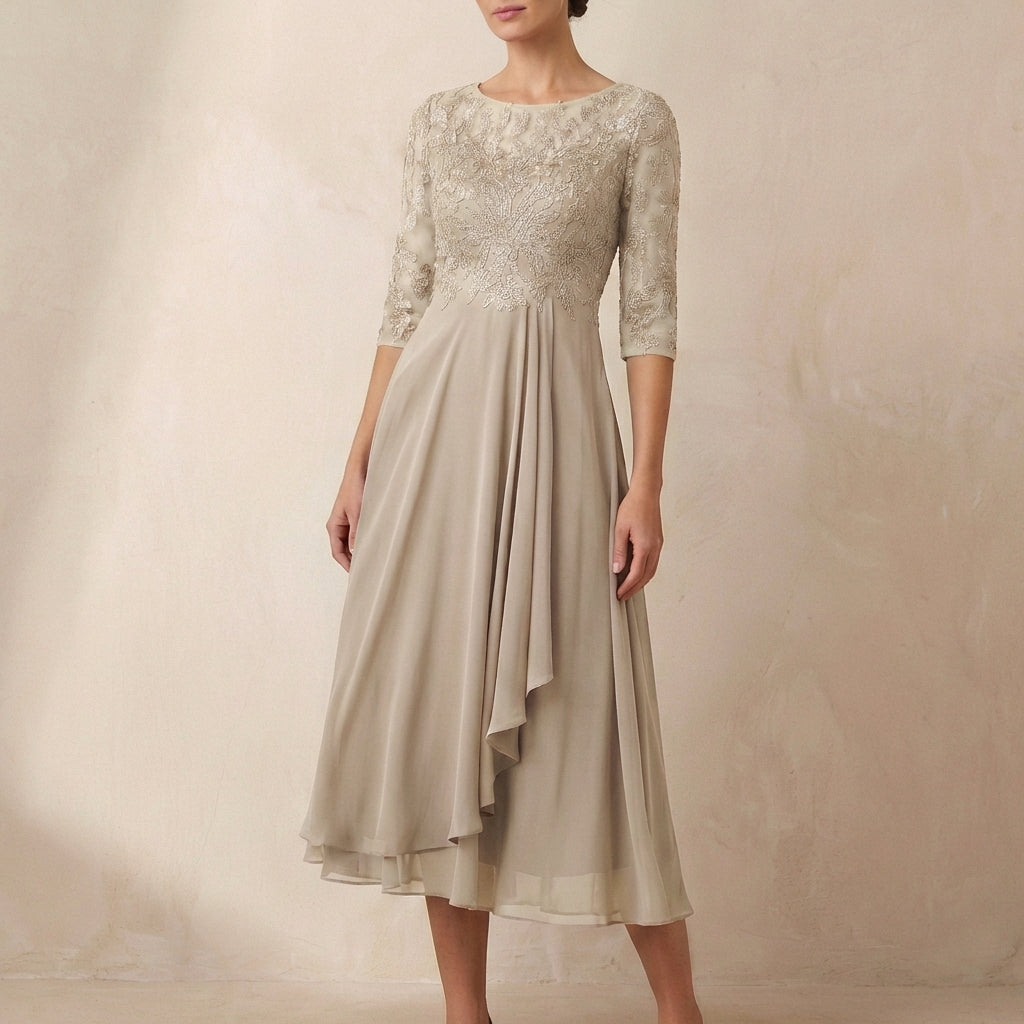 Women's Embroidered Midi Dress Sheer Sleeves Pockets - 
Fashinoza