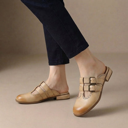 Women's Slip-On Mule Heels Double Buckle Strap Black
