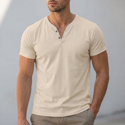 Fitted V-Neck Short Sleeve T-Shirt Two-Button Placket