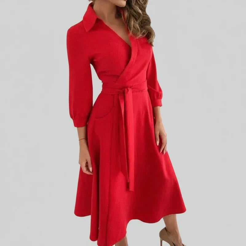 Women's A-Line Midi Dress Belted - Fashinoza