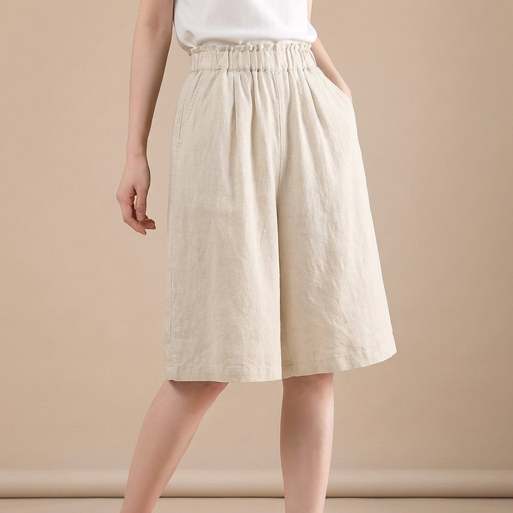 Women's Relaxed Fit Wide Leg Shorts Cotton Elastic Waist Pockets