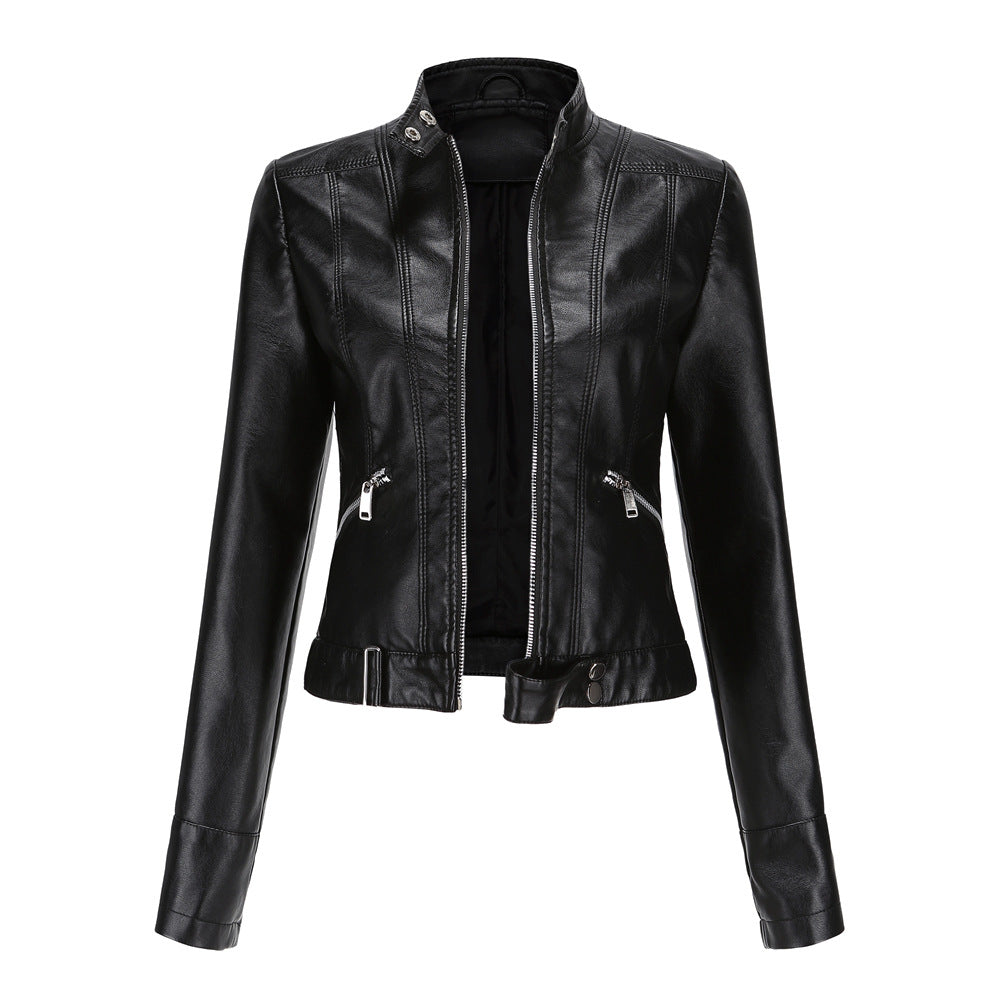 Women's Leather Jacket Zip High Collar Adjustable Belt - Fashinoza