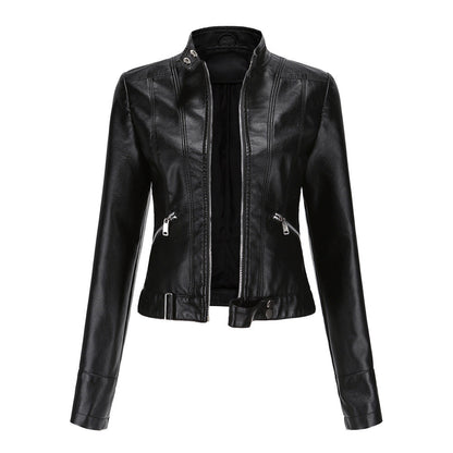 Women's Leather Jacket Zip High Collar Adjustable Belt - Fashinoza