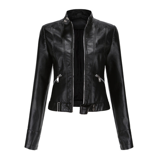 Women's Leather Jacket Zip High Collar Adjustable Belt - Fashinoza