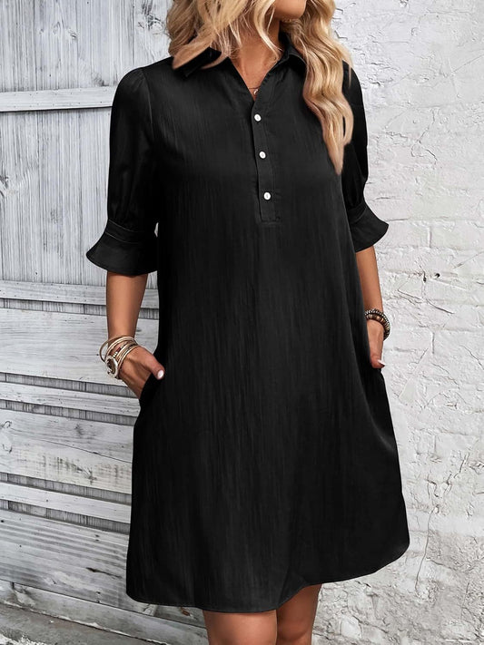 Women's Button Down Shirt Dress 3/4 Sleeve Knee Length - Fashinoza