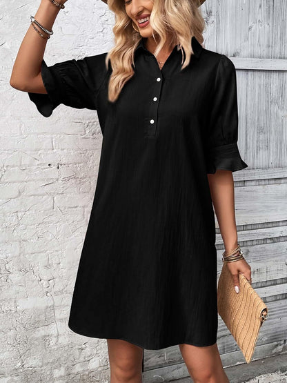 Women's Button Down Shirt Dress 3/4 Sleeve Knee Length