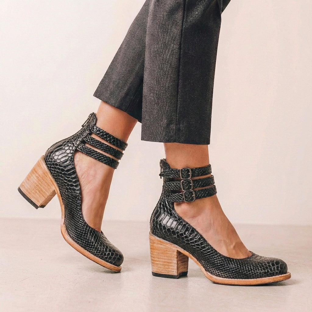 Vegan Leather Block Heel Pumps With Buckle Ankle Strap - 
Fashinoza
