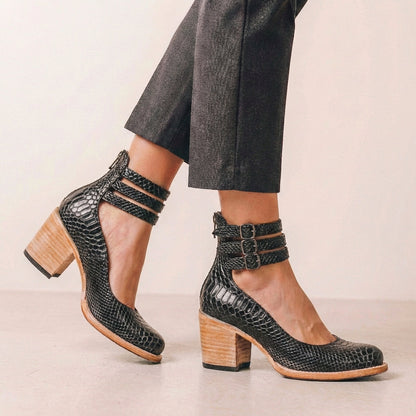 Vegan Leather Block Heel Pumps With Buckle Ankle Strap - 
Fashinoza