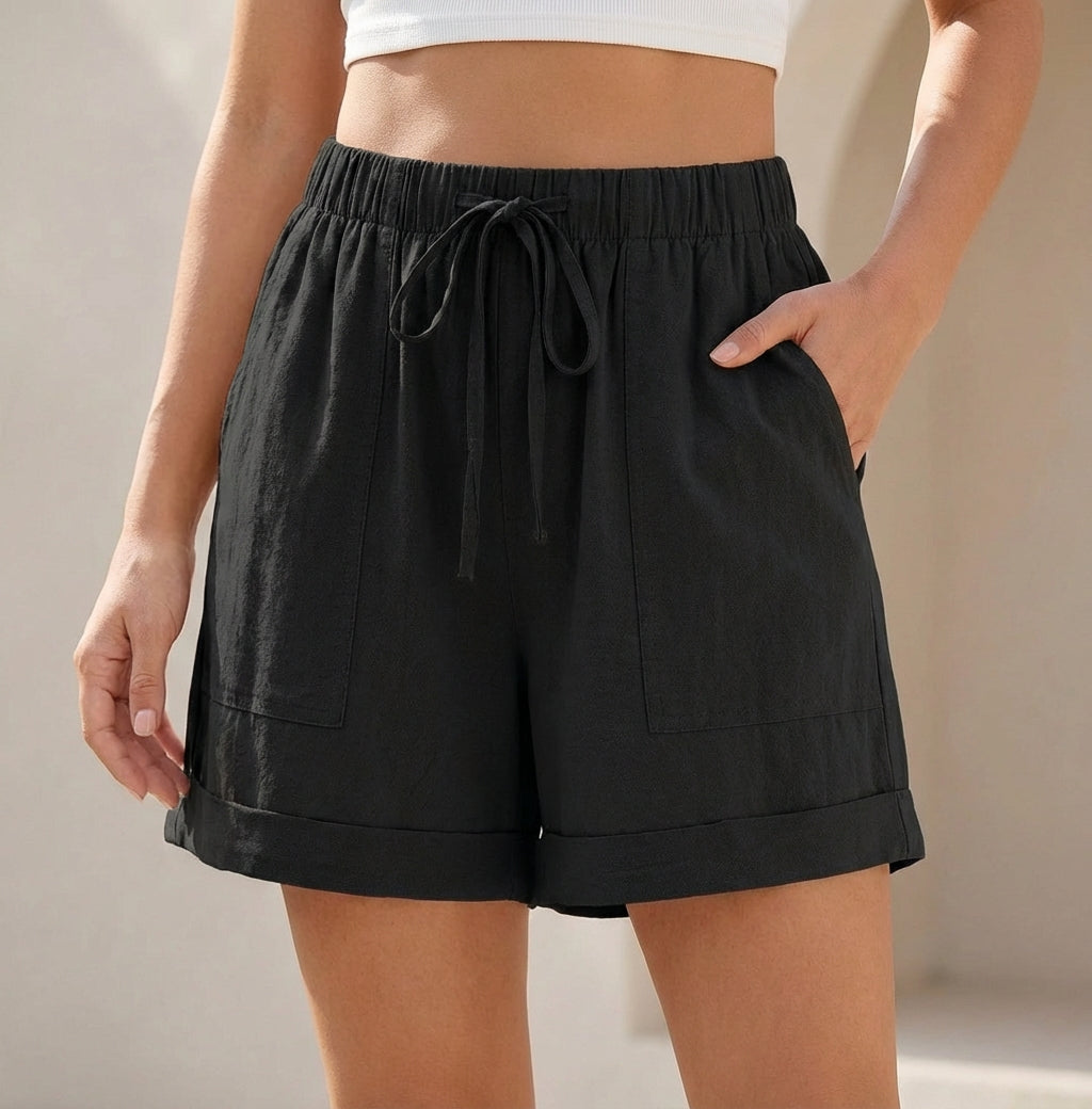 Relaxed Fit Drawstring Shorts Cotton Cuffed Hem - 
Fashinoza