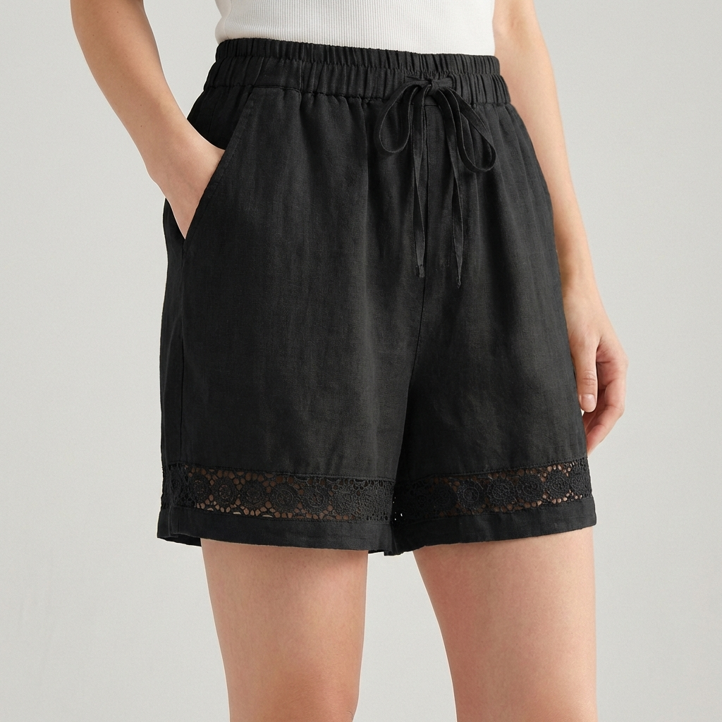 Women's Wide Leg Mini Shorts Lace Trim Drawstring Waist