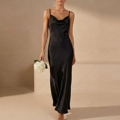 Women's Satin Maxi Dress Cowl Neck Spaghetti Straps Evening Black