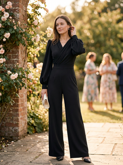 Women's V-Neck Jumpsuit Voluminous Sleeves Wide Leg - 
Fashinoza